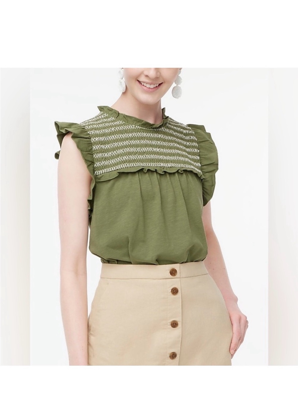 J.Crew Olive Green Ruffle- Sleeve Top with Embroidered Smocking
